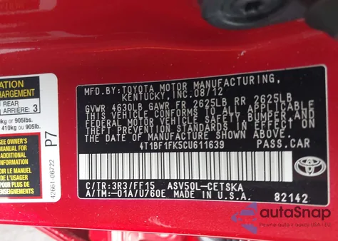 2012 Toyota Camry Se из США, поврежденный, VIN 4T1BF1FK5CU611639